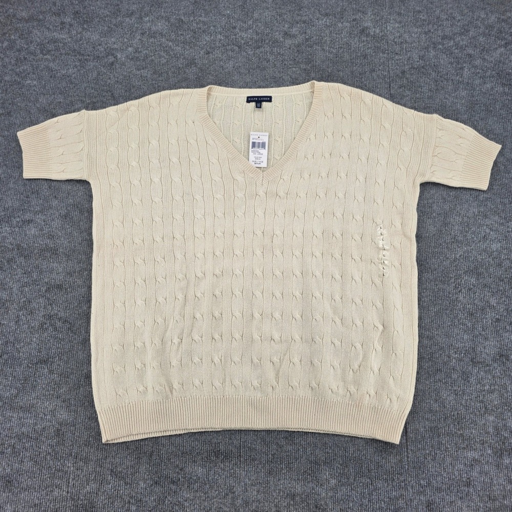 Ralph Lauren 100% Tussah Silk Cable Knit V-Neck Short Sleeve Sweater Cream L NWT